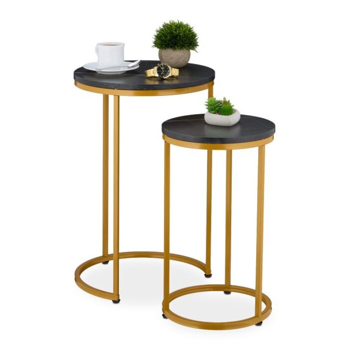 Relaxdays Side Table Set of 2, Marble Look & Metal