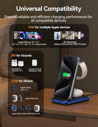 TECKNET Бездротова зарядка 3 в 1, Складна індукційна станція, Швидка зарядка для iPhone 17/16/15/14/13/12/11/Pro Max, Apple Watch Ultra/11-3/SE, AirPods Pro 3-2/4-2, Чорний