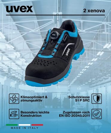 Черевики Uvex Xenova Halbschuh з системою BOA Fit, робочі черевики S1 P SRC, для жінок та чоловіків, чорно-синій, 42 EU