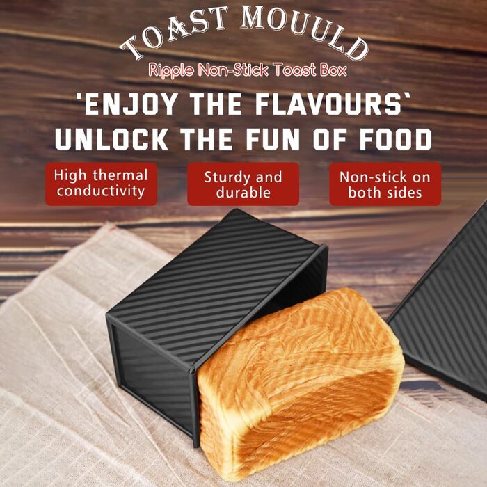Loaf Pan with Lid, 21 x 12 x 11 cm Rectangular Pullman Bread Toast Mold 450g Dough Bread Baking Pan, Black Carbon Steel Non-Stick Toast Bread Pan Baking Pans for Loaf Pastries