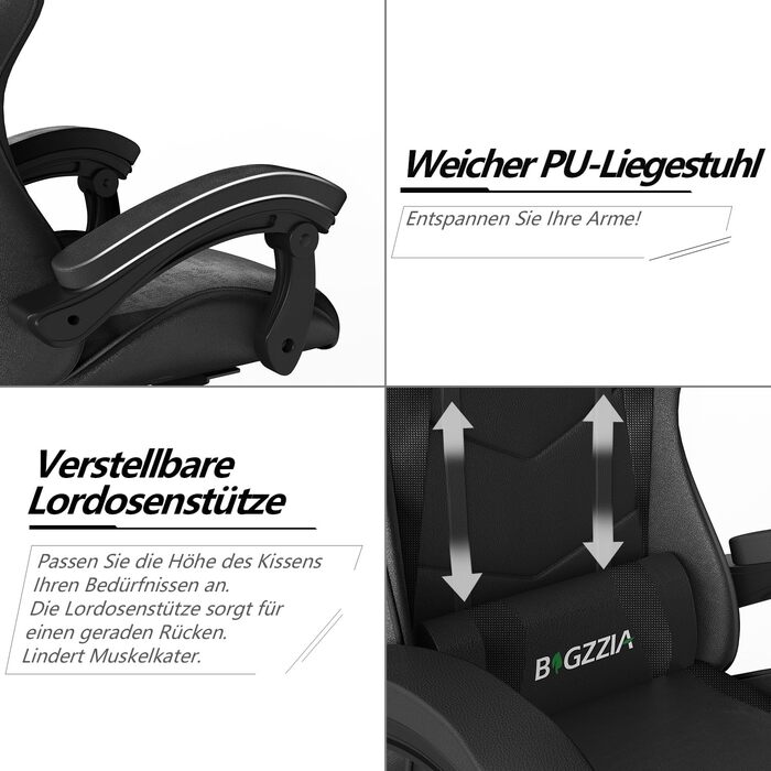 Геймерське крісло Racingreat Ergonomic: PC крісло для геймерів та офісу з регульованим кутом нахилу, PU шкіра, подушка під голову. Чорне.