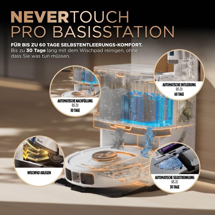 Робот-пилосос та робот-мийник Shark PowerDetect 2-в-1, NeverTouch Pro, самостійне очищення до 60 днів, 3D-LiDAR навігація, NeverStuck, керування через додаток, RV2800ZEEU, 2 щітки, Anti-Micro Pads, 1 капсула