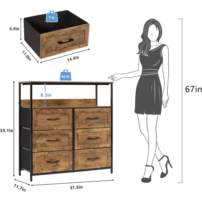 LYNCOHOME Chest of Drawers with Fabric Drawers, Sideboard Entryway Cabinet with 6 Fabric Drawers and Compartments, Drawer Organizer Furniture for Kitchen, Office, Bedroom (Embossed Brown)