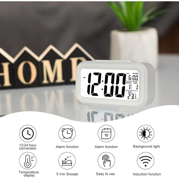 Цифровий годинник-будильник Jsdoin з LED-дисплеєм температури, дати, функції відкладання та індикатором часу, білий
