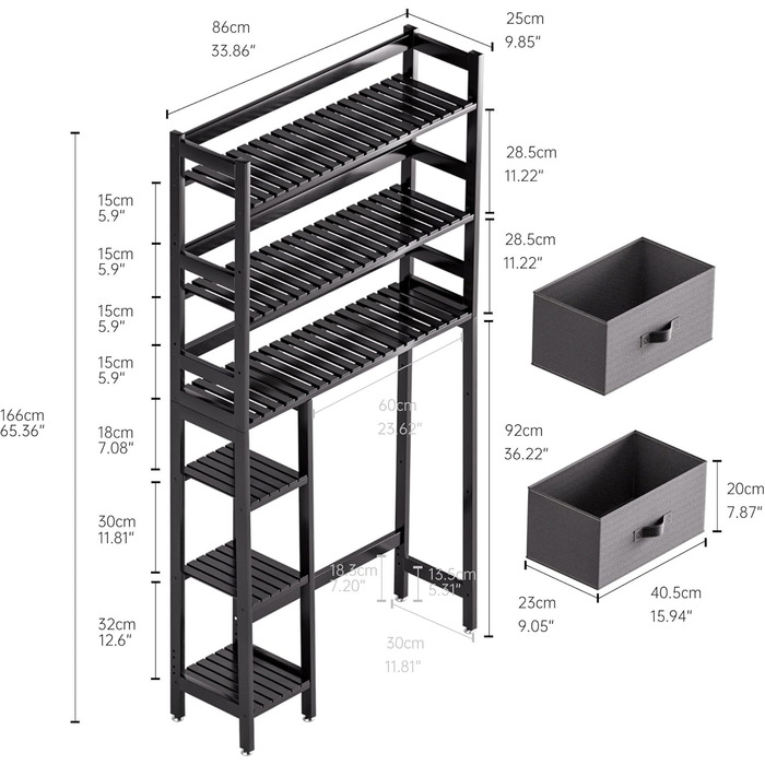 SMIBUY Over The Toilet Storage, 6-Tier Bamboo Bathroom Shelf with Drawers, Freestanding Over the Toilet Organizer Rack, Ample Storage, Space Saver for Small Spaces (Natural) (Black)