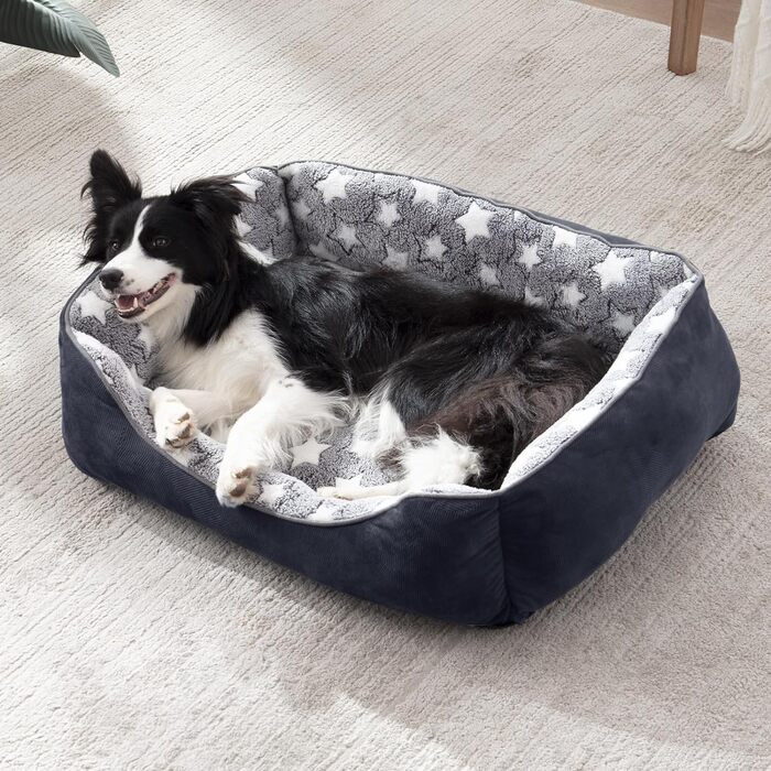 FURTIME Dog Bed - Medium Dogs, Dog Basket, Washable Dog Basket, Non-Slip Dog Beds, Fluffy Dog Mattress with Raised Edges, Soft Dog Sofa for Dogs Cat L(76x61x23cm) Black/Stars