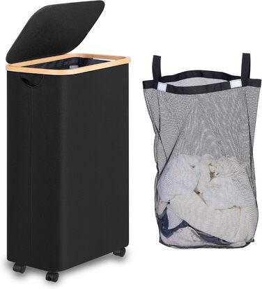 iEGrow Laundry Basket with Lid 75L, Narrow Laundry Baskets with Removable and Washable Inner Pocket, Laundry Hamper with Wheels, Foldable Laundry Baskets for Laundry Room, Bedroom, Bathroom (Black)