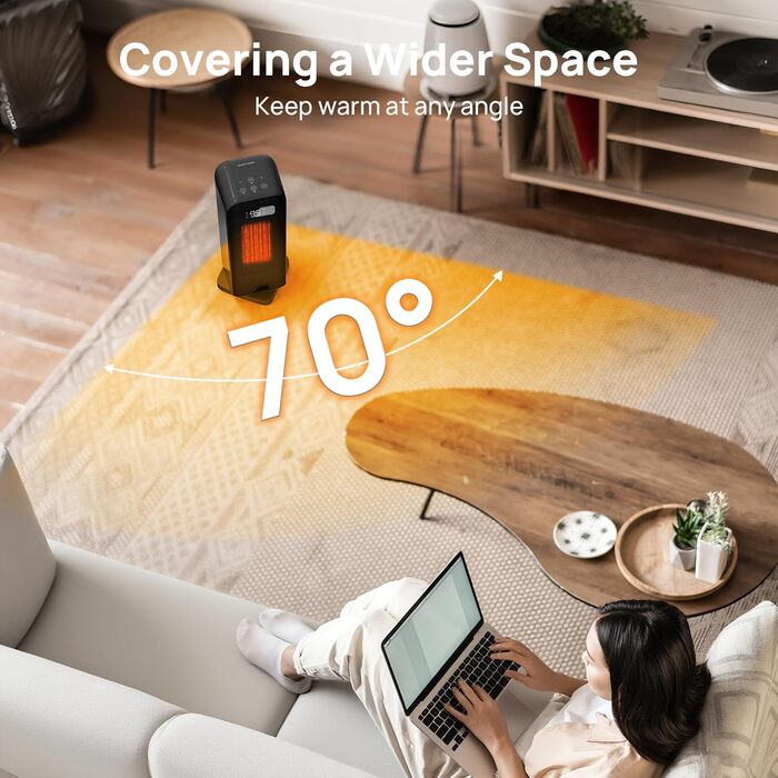 Електричний обігрівач PTC, 2000W, керамічний, тихий, з термостатом та пультом ДУ, ECO режим, 70° осциляція, таймер 12h, захист від перегріву та перекидання, чорний, 1 шт (40см)