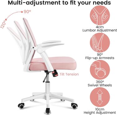 Офісне крісло Yaheetech з підйомними підлокітниками, сітчасте, ергономічне, з підтримкою попереку, функцією гойдання та регулюванням висоти (Рожеве)