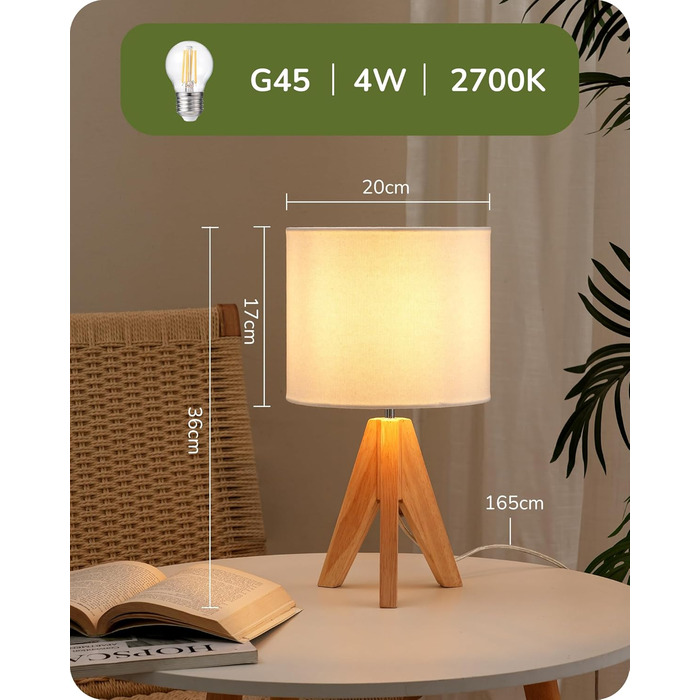 Настільна лампа EDISHINE 2 шт. з дерева, LED, з абажуром з льону кольору бежевого, патрон E27, з лампочкою, вінтажний дизайн, для спальні, вітальні, подарунок