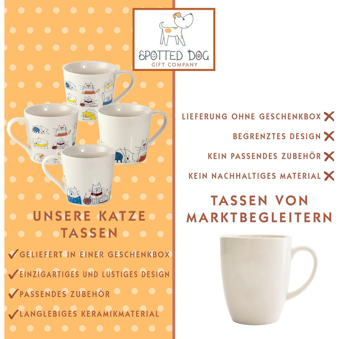 Spotted Dog Gift Company Coffee Mug with Cat Design, Ceramic Mug Set, Cute Coffee Mugs, Cat Kitchen Accessories, Gifts for Cat Lovers, Cat Mom, 4 x 380ml