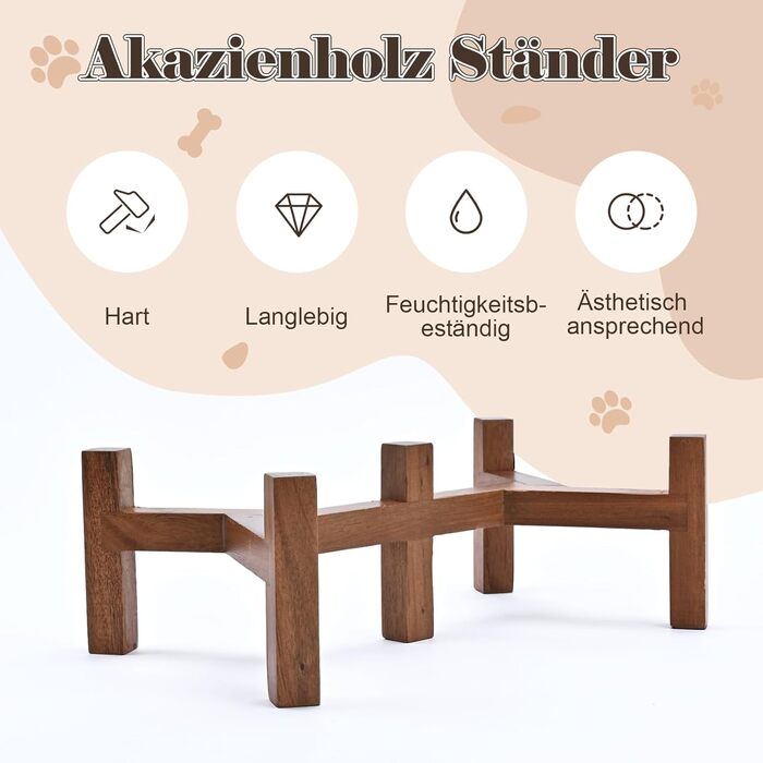 Миска для собак SpunkyJunky з кераміки, подвійна, піднята, з підставкою з акації, для котів та собак (400 мл, чорна)