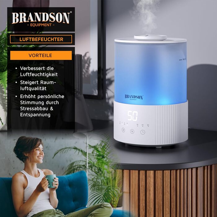 Зволожувач повітря Brandson з дисплеєм, 2.5 л, 3 режими, регулювання вологості, тихий, LED-підсвітка, таймер, режим сну, для вітальні та спальні