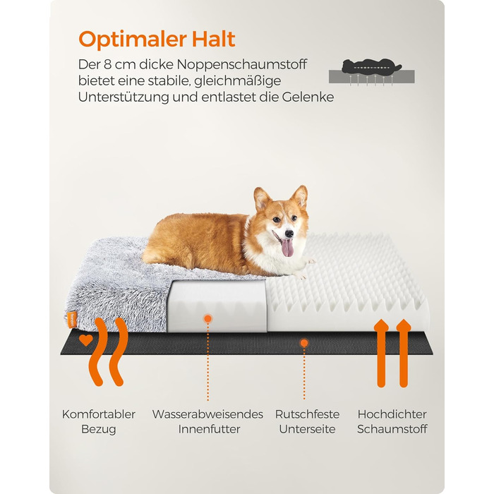 Feandrea Dog Bed, orthopedic dog cushion, padded with convoluted foam, removable and washable cover, size M, for small and medium dogs, 80 x 50 x 8 cm, PGW211G02 (L 95 x W 60 x H 8 cm, Ombré Gray)