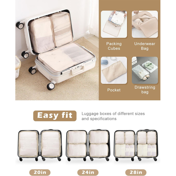 Набір органайзерів для валізи 18 шт., водонепроникні Packing Cubes, бежевий. Організатори для подорожей з чохлами для одягу