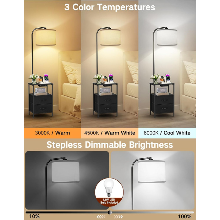 Стельова лампа для вітальні з тумбою та полицею, регульована LED, з пультом, 3 колірні температури, приліжкова тумба з зарядкою та полицею, дерев'яний столик для спальні/офісу (чорний з шухлядами)