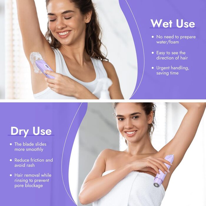 Електричний жіночий тример 2-в-1 для обличчя, тіла та брів, водонепроникний, фіолетовий