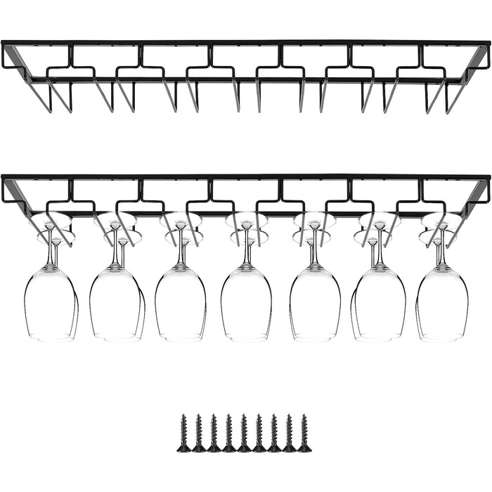 Підставка для вина QWORK® на 7 рядів, чорна - металева підставка для склянок під шафу, для барної кухні