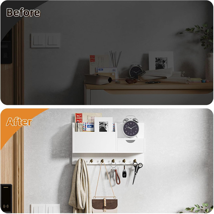 Настінна органайзер для ключів з 6 гачками та шухлядою, дерев'яний, для дому, офісу (білий)