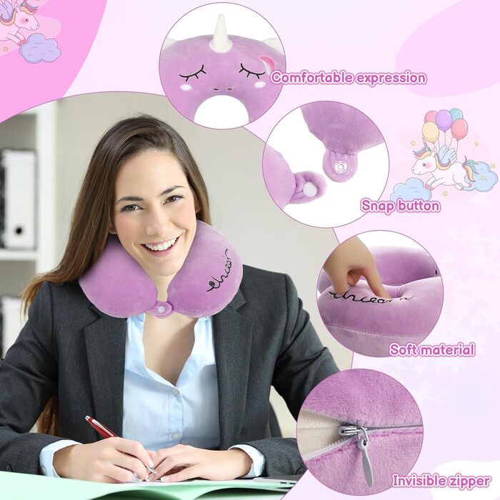 Дитяче подушечка для шиї Einhorn з memory foam, 30x30 см. Маска для очей з єдинорогом. Підходить для подорожей.