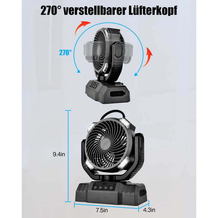 Портативний вентилятор для кемпінгу з акумулятором 10000mAh, LED-ліхтар, 270° обертання, USB-зарядка, для намету, відпочинку на природі, риболовлі, офісу (Чорний)
