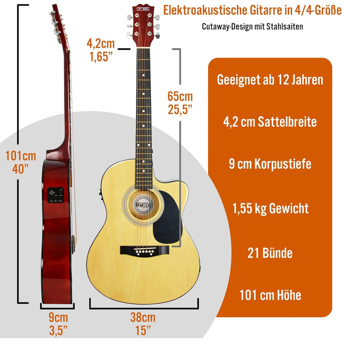 3rd Avenue 4/4 Вестерн-гітара (набір) з вирізом, для початківців – 6 місяців безкоштовних уроків, чохол, ремінь, медіатори та запасні струни – натуральний колір, електроакустична