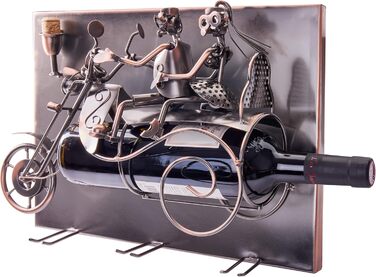 BRUBAKER Motorcycle Wine Bottle Holder Set - Wall Art Picture Metal - with 3 Glass Holders - including Greeting Card for Wine Gift