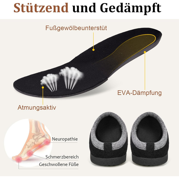 Тапочки халатні Ruyi: теплі фетрові тапочки для дому та вулиці (чорні, 40 EU) з підтримкою склепіння стопи та антиковзкою підошвою