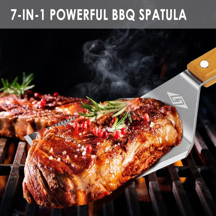 STEVEN-BULL Grill Utensil Set 3-Piece. Extra Long Grilling Tools, Stainless Steel Wood Handle, Grilling Accessories with Grill Tongs, Grill Spatula, Meat Fork. Extra-Long Wooden Handles and Hanging Holes.