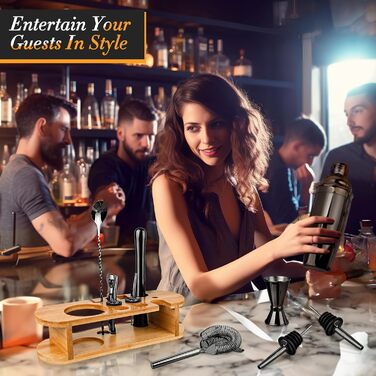 Cocktail Shaker Set with Stand, 12-Piece Premium Cocktail Set with All Essential Bar Tools, Gifts for Women Men Cocktail Lovers, Professional Bar Set Cocktail Accessories (Black)
