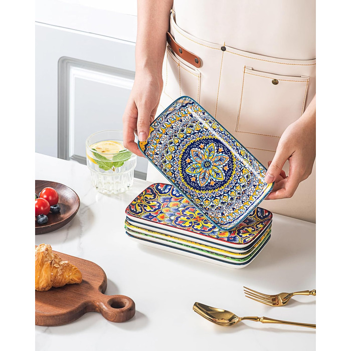 Сервіровочні тарілки HENXFEN з порцеляни, 25.4 см, набір прямокутних тарілок, 25.4 x 17.8 см, для салату, закусок, сашімі, богемний квітковий дизайн у 6 яскравих кольорах (прямокутна тарілка 20.3 см)