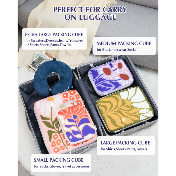 Органайзери для валізи Gonex (4 шт.) - набір кубиків для пакування, колір помаранчевий з квітковим принтом