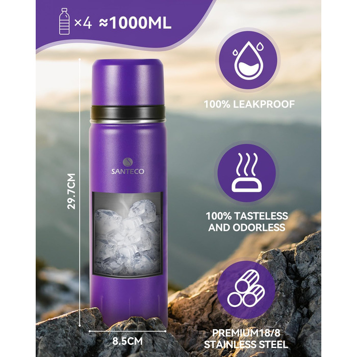 Термос-термокана з нержавіючої сталі SANTECO 1л, 500мл, 1000мл, з кришкою-чашкою, для дітей, спорту, без BPA, 24 год холод, 12 год гарячий (фіолетовий)