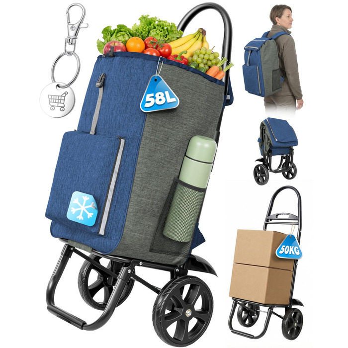 Складаний візок для покупок Homecall 50L з охолодженням та сумкою, 3 в 1 (блакитний & сірий)