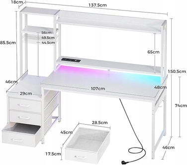 Ігровий стіл з шухлядами, полицею, розетками та LED-підсвіткою, 137x48 см
