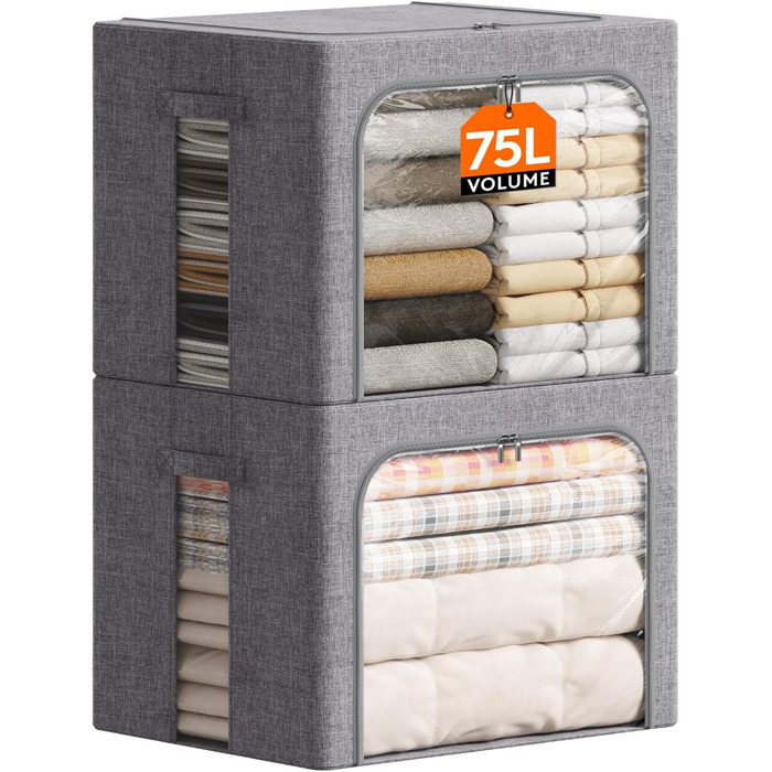 Коробка для зберігання одягу Lifewit з кришкою, металевий каркас, з ручками та вікном, сіра (2 шт., 75л)