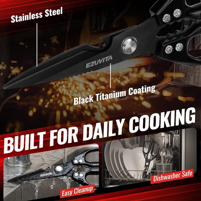 Кухонні ножиці 5-в-1 з пінцетом, титанове покриття, нержавіюча сталь, для птиці, риби, м'яса, чорний колір