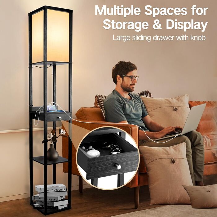 LED торшер OUTON з полицею та ящиком, 3 режими кольору, таймер 1год, 2 USB порти, для вітальні, спальні, офісу (Чорний)