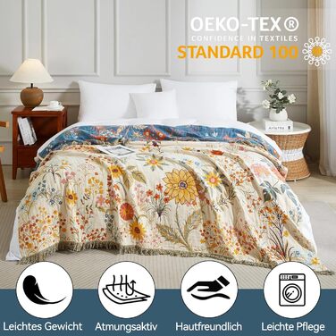 Богемна ковдра Boho 100% бавовна, м'яка ковдра з мусліну, плед 150x200 см, ковдра на диван та ліжко, декоративна ковдра, літня ковдра для вітальні, зелено-бежева (200 x 230 см, квітковий сад)