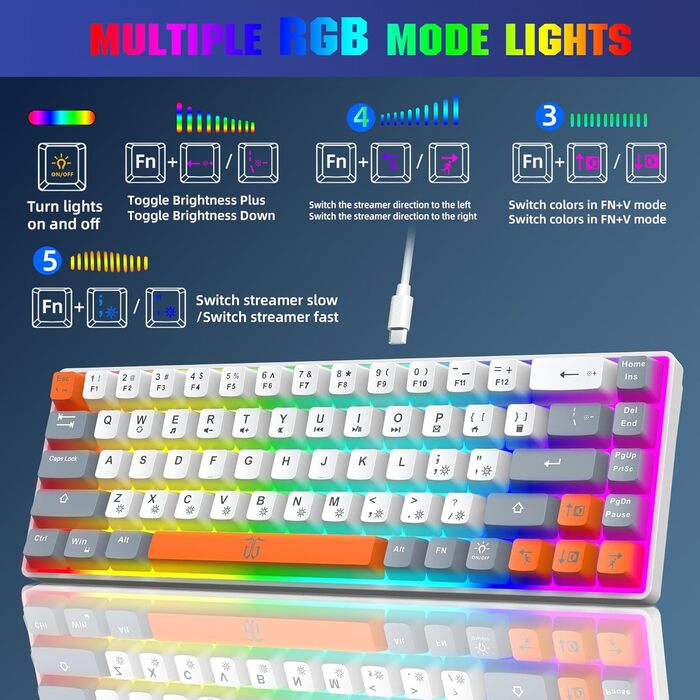 Механічна ігрова клавіатура Snpurdiri з RGB підсвічуванням, компактна, ергономічна, для офісу та ігор (63/68 біло-чорно-оранжева)