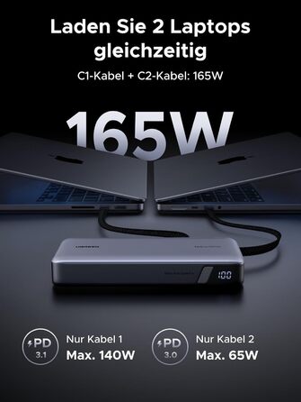Power Bank UGREEN Nexode 25000mAh 165W з 2 USB-C кабелями (140W PD3.1) для MacBook Pro, Dell XPS, iPad Pro, Steam Deck, Galaxy S25 Ultra, iPhone 17