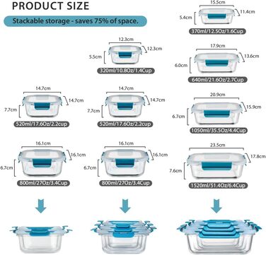 Набір контейнерів для зберігання їжі з боросилікатного скла з кришкою, BPA-free, герметичні, для мікрохвильової печі, духовка, посудомийна машина – контейнери для Meal Prep для кухні, офісу SA178-18PC