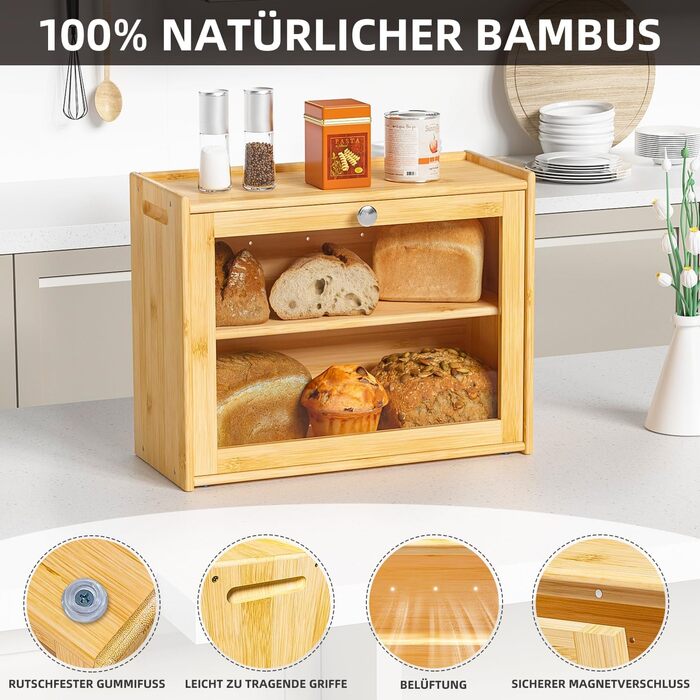 Бредониця з бамбука з вентиляцією, 2 полиці та великим оглядовим вікном, дерев'яний контейнер для хліба, безпечний для харчових продуктів, легкий у догляді, 40x31x17.5 см (EX-MBX01-2C-YUAN)