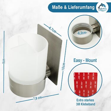 Dolvhin® Toothbrush Holder without Drilling | Frosted Glass Toothbrush Holder for Gluing | Tooth Cup & Wall Mount Toothbrush Holder Stainless Steel | Toothbrush Cup & Toothbrush Organizer | Silver Grey