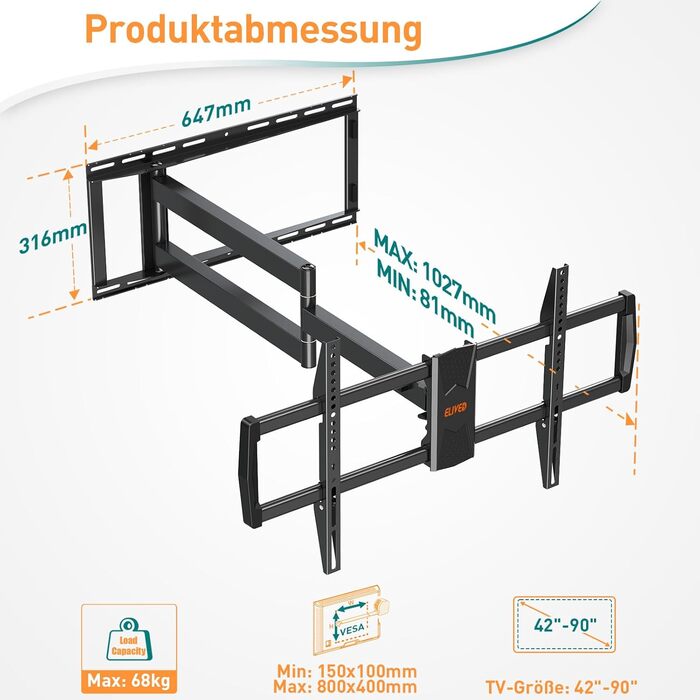 Кронштейн для телевізора ELIVED з подовженим плечем 102.7 см для 42-90 дюймів (до 68 кг), поворотний, з кутом нахилу, VESA 800x400