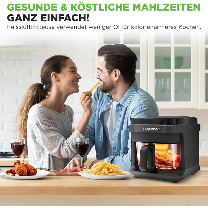 Фритюрниця NutriChef 5.5L біла – електрофритюрниця 8-в-1 з скляною чашею та LED-дисплеєм. Без олії, 360° циркуляція повітря. Для картоплі фрі, курки, овочів та іншого.