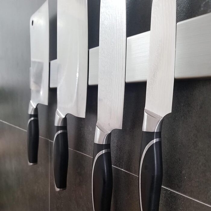 Improved 50cm Trhillsbrad Magnetic Knife Strip, 50cm Magnetic Knife Holder with 3 Hooks Stainless Steel Knife Rail Self-Adhesive, Silver Wall Mount Magnetic Strip No Drilling Knife Holder