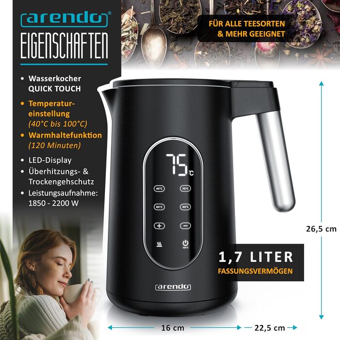 Електричний чайник Arendo з регулюванням температури, нержавіюча сталь, подвійні стінки Cool Touch, дисплей, бездротовий, 2200 Вт, 1,7 л, захист від перегріву, функція підтримання тепла, чорний