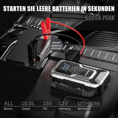 Powerbank Starthilfe 6000A з компресором 150PSI: портативний пусковий пристрій для авто/мото (бензин, 10.0L дизель) з LED ліхтариком QC3.0, срібний