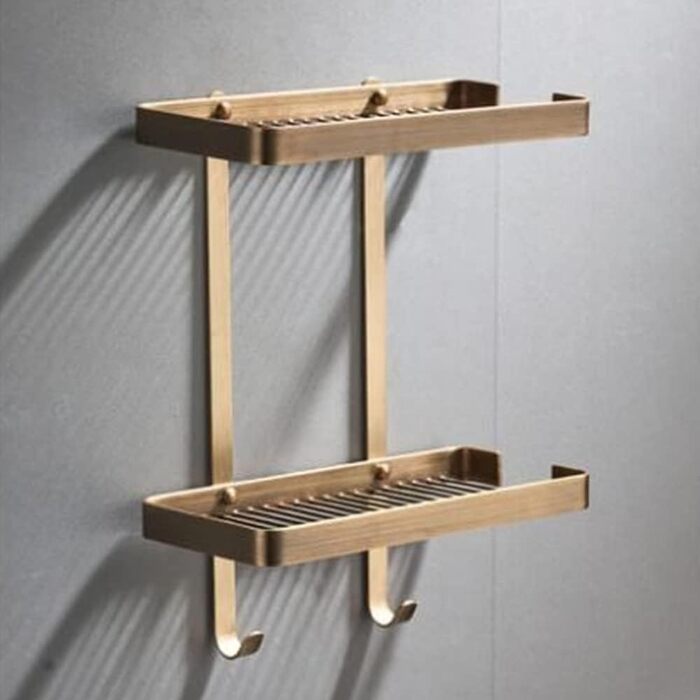 Solid Brass Eck-Duschregal (Corner Shower Shelf), Wall-Mounted Bathroom Shelf with Soap Dish, Shampoo Storage Shelf, Drip Basket, and Hooks, Rust-Proof Nizer for Kitchen and Spice Bottles, Antique Brass